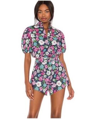 S/W/F Floral Print Mock Neck Romper Pleated Ruffle Short Sleeve NWOT